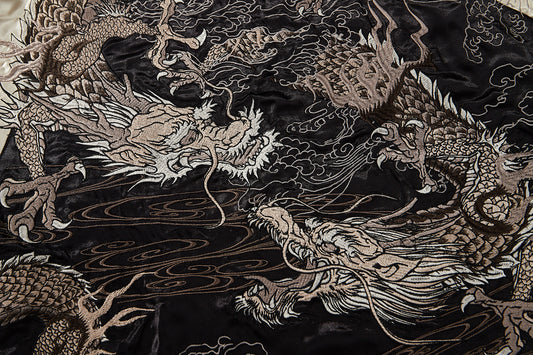 Veste en cuire réversible avec broderie double dragon et perle