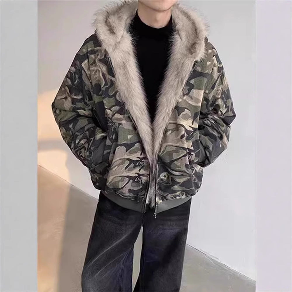 Veste à capuche camouflage, style rétro, avec col en fourrure