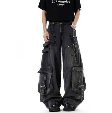 Jean cargo déstructuré américain, avec rubans