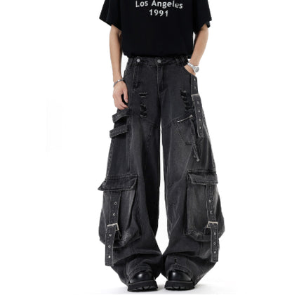 Jean cargo déstructuré américain, avec rubans