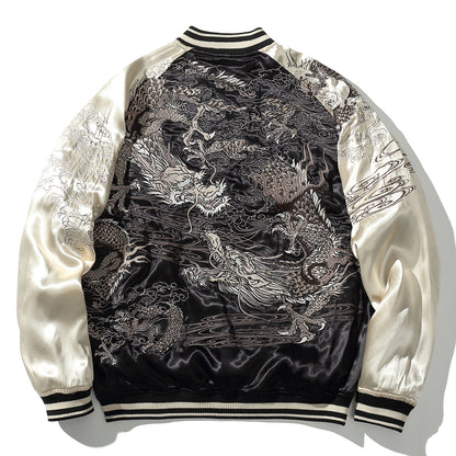 Veste en cuire réversible avec broderie double dragon et perle