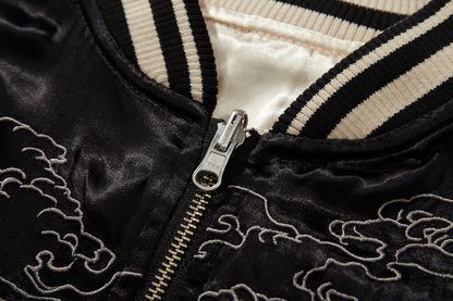 Veste en cuire réversible avec broderie double dragon et perle