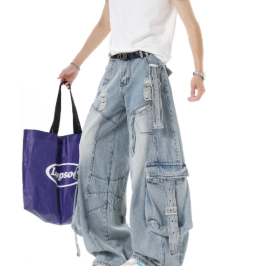 Jean cargo déstructuré américain, avec rubans