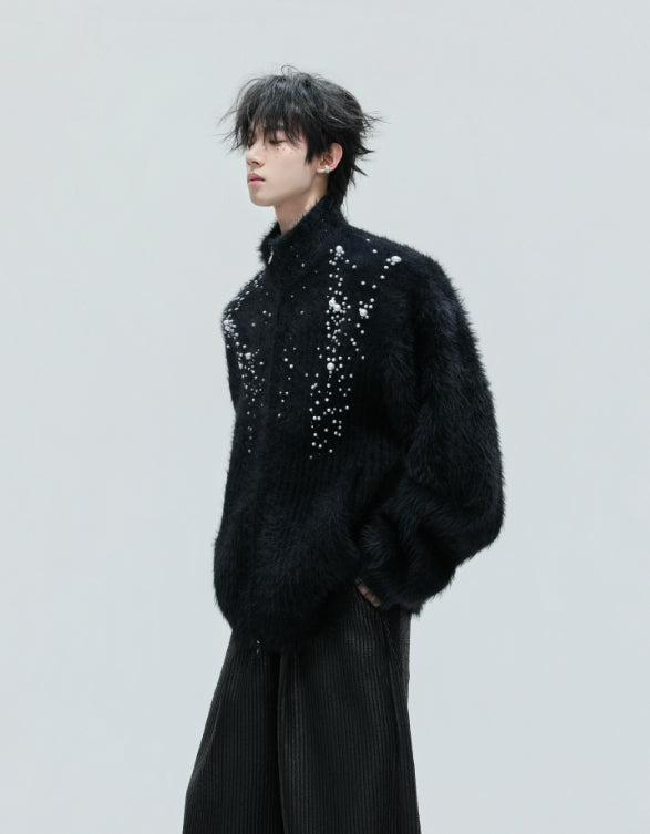 Cardigan avec col en peluche avec perles