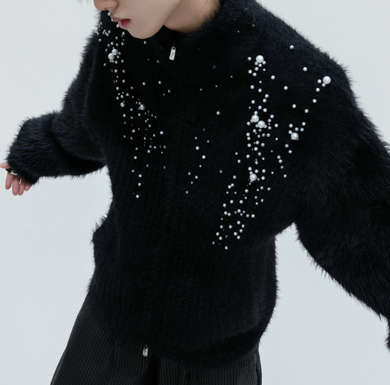 Cardigan avec col en peluche avec perles