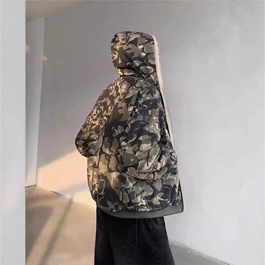 Veste à capuche camouflage, style rétro, avec col en fourrure