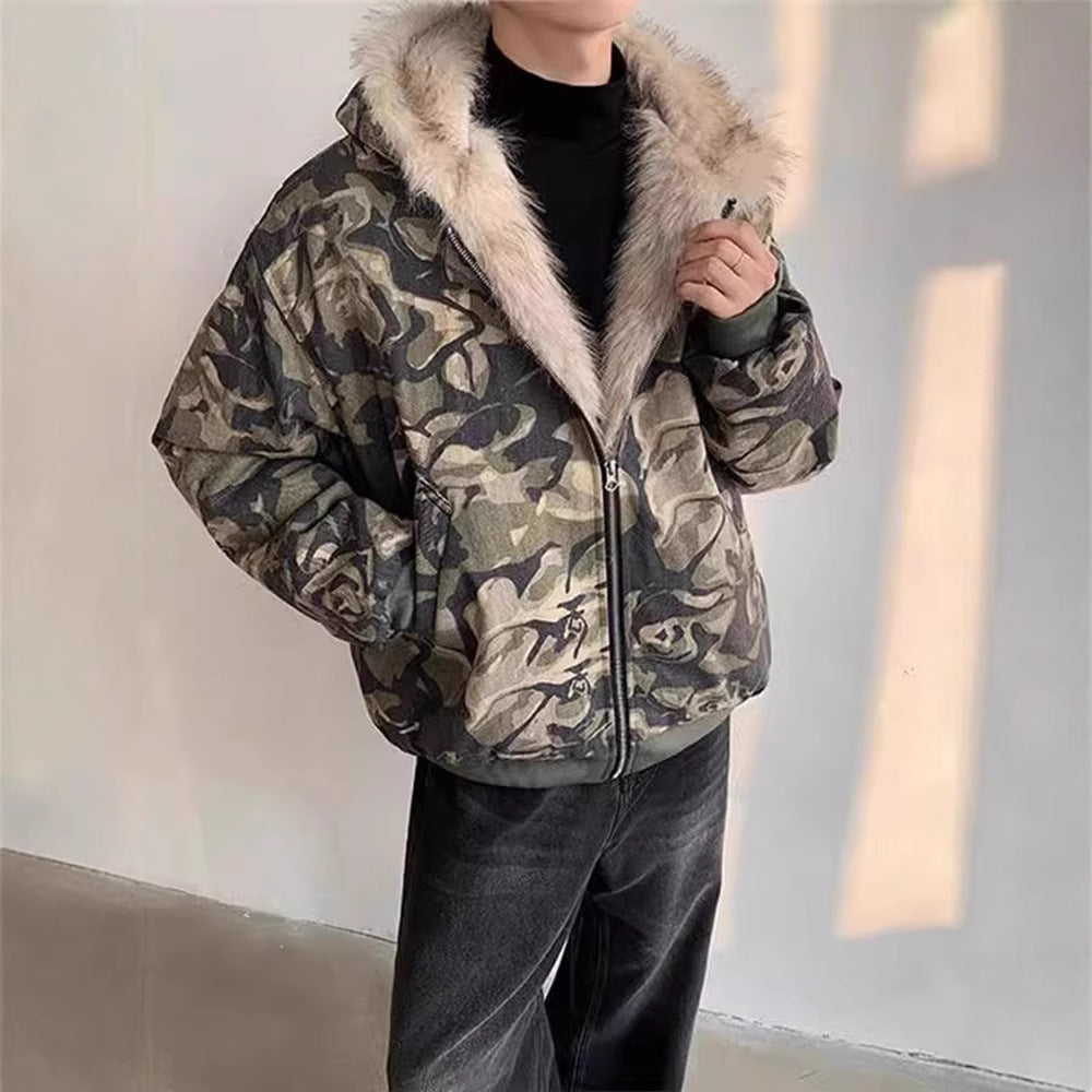 Veste à capuche camouflage, style rétro, avec col en fourrure