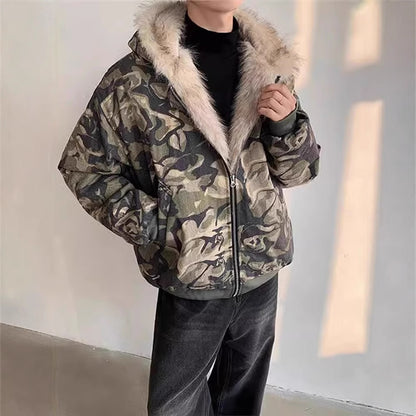 Veste à capuche camouflage, style rétro, avec col en fourrure