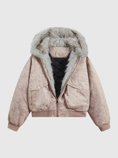 Manteau matelassé ample et casual à col en fourrure avec capuche