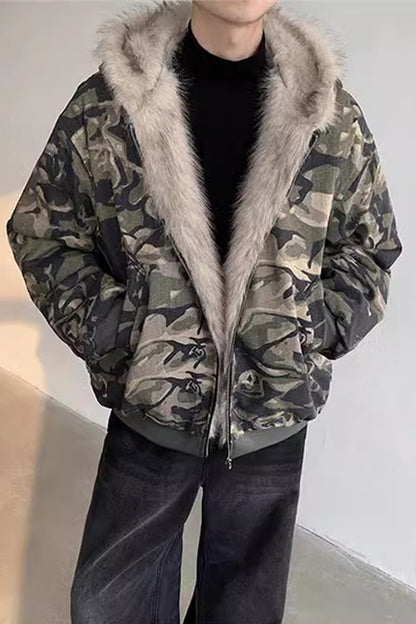 Veste à capuche camouflage, style rétro, avec col en fourrure