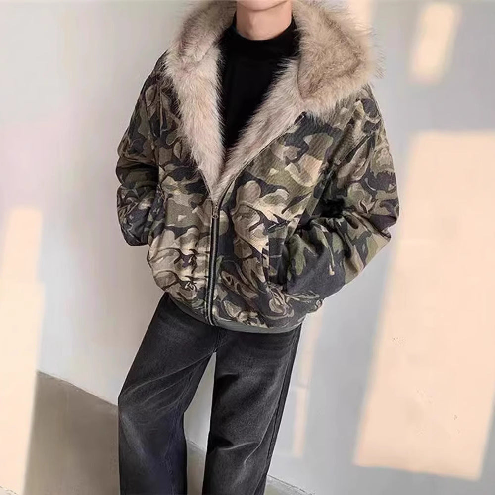 Veste à capuche camouflage, style rétro, avec col en fourrure