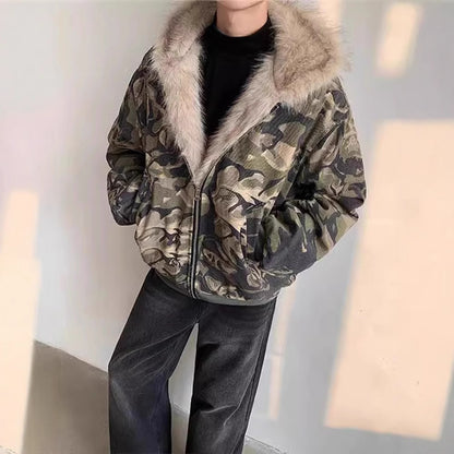 Veste à capuche camouflage, style rétro, avec col en fourrure