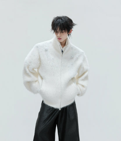 Cardigan avec col en peluche avec perles