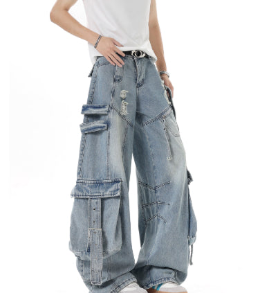 Jean cargo déstructuré américain, avec rubans