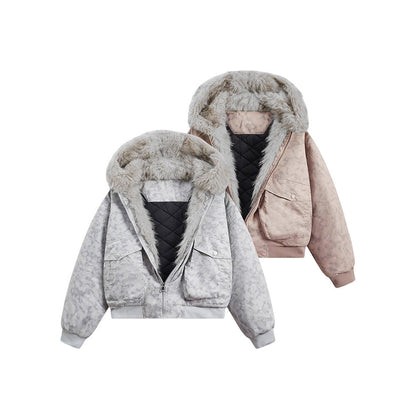Manteau matelassé ample et casual à col en fourrure avec capuche