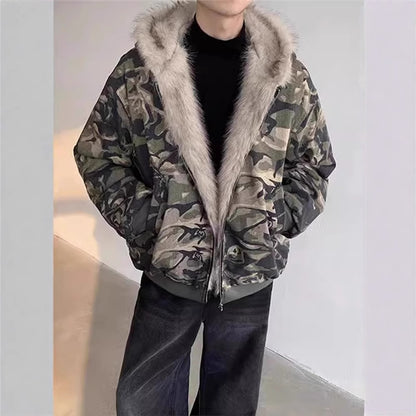 Veste à capuche camouflage, style rétro, avec col en fourrure